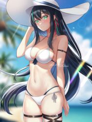  artist_name beach bikini black_hair blue_sky blurry blurry_background blush braid breasts cleavage closed_mouth commentary_request cowboy_shot day depth_of_field female front-tie_bikini_top front-tie_top green_eyes green_hair hair_between_eyes hair_ribbon hat heichanart large_breasts lin_(tower_of_fantasy) long_hair looking_at_viewer multicolored_hair navel outdoors palm_leaf palm_tree red_ribbon ribbon sidelocks signature skindentation sky smile solo standing stomach streaked_hair summer sun_hat swimsuit thigh_strap thighs tower_of_fantasy tree very_long_hair white_bikini white_hat 