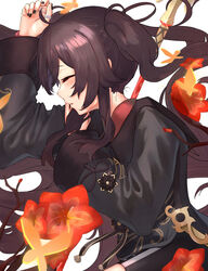  ahoge black_nails blush brown_hair bug butterfly chinese_clothes closed_eyes commentary_request female flower from_above genshin_impact hair_between_eyes hand_on_own_arm highres hu_tao_(genshin_impact) jewelry long_hair long_sleeves lying on_side open_mouth parted_lips red_flower ring sheiou shorts sidelocks simple_background sleeping solo staff_of_homa_(genshin_impact) twintails very_long_hair weapon white_background 