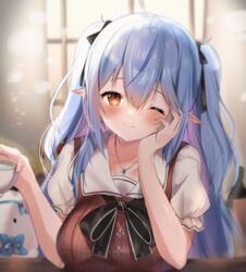  ;) absurdres ahoge bad_id bad_pixiv_id black_bow black_bowtie black_ribbon blue_hair blush bow bowtie breasts brown_dress brown_eyes closed_mouth commentary cup dress english_commentary female hair_between_eyes hair_ribbon hand_on_own_cheek hand_on_own_face head_rest highres holding holding_cup hololive jewelry large_breasts long_hair maru_ccy multicolored_hair necklace official_alternate_costume official_alternate_hairstyle one_eye_closed pointy_ears ribbon short_sleeves smile solo streaked_hair two_side_up virtual_youtuber yukihana_lamy yukihana_lamy_(casual) yukimin_(yukihana_lamy) 