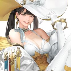  bare_shoulders black_eyes black_hair bracelet breasts brown_hat collarbone corset daeho_cha earrings elbow_gloves female gloves hat highres jacket jewelry large_breasts long_sleeves looking_at_viewer original parted_lips realistic simple_background smile solo teeth thighhighs twintails two-sided_fabric white_background white_hat white_jacket white_thighhighs witch_hat 