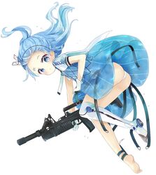  absurdres ads_(girls&#039;_frontline) ads_assault_rifle ass bad_id bad_pixiv_id barefoot blue_dress blue_eyes blue_flower blue_hair blush closed_mouth commentary dress facial_mark female floating_hair flower forehead forehead_mark full_body girls&#039;_frontline gloves gun highres holding holding_gun holding_weapon long_hair looking_at_viewer name_connection no_shoes object_namesake panties ponytail puffy_short_sleeves puffy_sleeves see-through short_sleeves simple_background single_thighhigh soles solo thighhighs tsukiyo_(skymint) underwear weapon white_background white_gloves white_panties white_thighhighs 