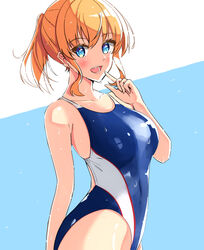  blonde_hair blue_eyes blue_one-piece_swimsuit breasts commentary_request competition_swimsuit cowboy_shot female looking_at_viewer medium_breasts multicolored_background one-piece_swimsuit original ponytail short_hair solo swimsuit toyomi_13 wet wet_clothes wet_swimsuit 