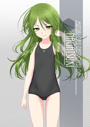  artist_name black_one-piece_swimsuit character_name checkered_background collarbone commentary_request cowboy_shot crescent female flat_chest gradient_background green_eyes green_hair grey_background highres inaba_shiki kantai_collection long_hair nagatsuki_(kancolle) new_school_swimsuit one-hour_drawing_challenge one-piece_swimsuit school_swimsuit solo standing swimsuit 