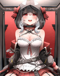  :d absurdres animal_hood bare_shoulders belt black_belt black_collar black_hair black_jacket blush bow breasts cleavage collar ear_piercing female garter_straps grey_hair hair_ornament highres hololive hood hood_up jacket large_breasts looking_at_viewer medium_hair multicolored_hair off_shoulder open_clothes open_jacket open_mouth orca_hood pepushi_drow piercing plaid plaid_bow pleated_skirt red_bow red_eyes red_skirt sakamata_chloe sakamata_chloe_(1st_costume) shirt sitting skirt smile solo streaked_hair virtual_youtuber white_shirt x_hair_ornament yandere 