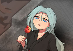  100_percent_orange_juice alternate_costume arm_support black_kimono breasts bunsan candy_apple commentary_request female food grey_hair japanese_clothes kimono long_hair long_sleeves looking_away multicolored_eyes official_alternate_costume open_mouth parted_bangs sash small_breasts star_breaker_(orange_juice) very_long_hair wide_sleeves 