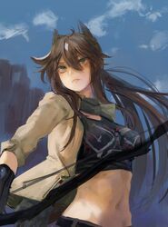  animal_ears arknights blue_sky bow_(weapon) breasts brown_hair closed_mouth crop_top day female floating_hair green_eyes grey_jacket highres holding holding_bow_(weapon) holding_weapon jacket long_hair looking_at_viewer medium_breasts meteor_(arknights) meteor_(elite_ii)_(arknights) navel noccu open_clothes open_jacket outdoors sky solo weapon 