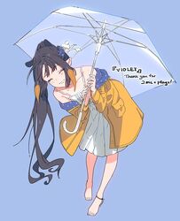  alternate_hairstyle anklet barefoot black_hair blue_background blush closed_eyes coat commentary dress english_commentary facing_viewer female flat_chest flower full_body gradient_hair hair_flower hair_ornament hair_ribbon highres holding holding_umbrella hololive hololive_english jewelry leaning_forward long_hair multicolored_hair ninomae_ina&#039;nis ninomae_ina&#039;nis_(artist) off_shoulder official_alternate_costume official_alternate_hairstyle open_clothes open_coat orange_coat orange_hair parted_lips pointy_ears ponytail raincoat ribbon self-portrait sidelocks signature simple_background sleeveless sleeveless_dress smile solo spaghetti_strap standing tentacle_hair thank_you two-sided_coat two-sided_fabric two-tone_hair umbrella very_long_hair violet_(ninomae_ina&#039;nis) virtual_youtuber white_dress white_ribbon 