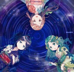  3girls alternate_hairstyle blue_eyes blue_hair floral_print futaba_sana green_eyes green_hair hair_ornament japanese_clothes kimono magia_record:_mahou_shoujo_madoka_magica_gaiden mahou_shoujo_madoka_magica multiple_girls nanami_yachiyo obi obijime pink_eyes pink_hair sash sleeveless smile tamaki_iroha totte yukata 