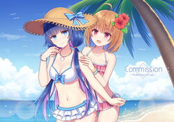  2girls :d ahoge bangle bare_arms bare_shoulders beach bikini blue_bow blue_eyes blue_hair blue_sky bow bracelet breasts brown_hair brown_headwear cleavage closed_mouth cloud collarbone commentary_request commission day flower frilled_bikini frills hair_flower hair_ornament hat hat_bow hitsuki_rei horizon jewelry lens_flare long_hair low_twintails medium_breasts multicolored_hair multiple_girls navel necklace ocean open_mouth outdoors palm_tree pink_bikini pink_hair red_flower seashell setsuna_(shironeko_project) shell shironeko_project sky small_breasts smile standing straw_hat summer swimsuit thigh_gap towa_(shironeko_project) tree twintails two-tone_hair upper_body very_long_hair water white_bikini 