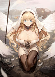  absurdres angel_wings black_gloves blonde_hair blue_eyes breasts brown_thighhighs cleavage commentary crying crying_with_eyes_open dampi detached_collar detached_sleeves dress female flag full_body gloves habit highres large_breasts long_hair long_sleeves looking_at_viewer mole mole_on_breast nun original outdoors own_hands_clasped own_hands_together parted_lips solo sword symbol-only_commentary tears thighhighs very_long_hair weapon white_dress wings 