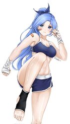  bae_minah_(chaesu) bandaged_hand bandages bandaid bandaid_on_cheek bandaid_on_face bandaid_on_shoulder bare_arms bare_legs bare_shoulders black_socks blue_eyes blue_hair blue_ribbon blue_shorts blue_sports_bra blush borrowed_character breasts cleavage crop_top dolphin_shorts female foot_out_of_frame foxie30 hair_ribbon hand_up highres long_hair looking_at_viewer medium_breasts midriff original parted_lips ponytail ribbon short_shorts shorts simple_background socks solo sports_bra standing standing_on_one_leg stomach thighs toeless_legwear very_long_hair white_background wrist_wrap 