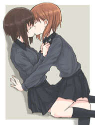  2girls against_wall black_hair brown_hair closed_eyes collar_grab girls_und_panzer incest kissing kneehighs kuromorimine_school_uniform multiple_girls mutsu_(layergreen) nishizumi_maho nishizumi_miho school_uniform short_hair siblings sisters sitting skirt socks yuri 