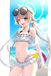  :d azure-maya ball beach bikini blue_archive blue_sky blurry blurry_background brown_hair cloud collarbone commentary_request day eyewear_on_head female flat_chest frilled_bikini frills halo hifumi_(blue_archive) hifumi_(swimsuit)_(blue_archive) highres holding holding_ball long_hair looking_at_viewer navel ocean round_eyewear round_teeth sky smile solo stomach sunglasses swimsuit teeth upper_teeth_only white_background white_bikini yellow_eyes 