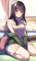  amagi_shino bed black_socks blush brown_eyes brown_hair carpet commentary_request curtains day female heart highres indoors long_hair looking_at_viewer original pillow signature sitting smile socks solo wariza window 