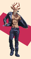  2020 abs absurd_res anthro antlers belt boots bottomwear cervine clothed clothing deer denim denim_bottomwear denim_clothing footwear hi_res horn jacket jeans leather leather_boots leather_clothing leather_footwear leather_jacket leather_topwear male mammal momamo muscular muscular_anthro muscular_male narrowed_eyes open_clothing open_shirt open_topwear pants partially_clothed plantigrade red_deer shirt simple_background solo squint topwear undressing 