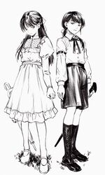  2girls black_hair bow bowtie dress full_body highres holding holding_umbrella long_hair long_sleeves machihazure monochrome multiple_girls original ponytail shirt shirt_tucked_in shoes shorts simple_background socks standing umbrella white_background 