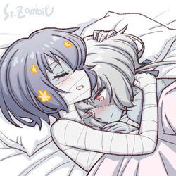  2girls artist_name bandages bed_sheet blue_hair blue_skin blush closed_eyes closed_mouth colored_skin commentary_request cover hair_ornament hug konno_junko long_hair lying mizuno_ai multiple_girls on_back on_side open_mouth patchwork_skin pillow red_eyes scar short_hair smile studiozombie yuri zombie zombie_land_saga 