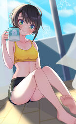  absurdres alternate_costume aqua_eyes asymmetrical_hair banana_de_ikopon bare_legs barefoot black_shorts blue_sky blurry blurry_background blurry_foreground breasts brown_hair character_name cleavage closed_mouth collarbone commentary_request cup curtains depth_of_field dutch_angle eyelashes feet female full_body hand_up head_tilt highres holding hololive indoors legs medium_breasts midriff mug nail_polish navel oozora_subaru orange_nails shadow short_hair short_shorts shorts sideboob sidelocks sitting sky smile soles solo sports_bra subaru_duck swept_bangs thighs toenail_polish toenails toes virtual_youtuber yellow_sports_bra 