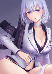  bad_id bad_pixiv_id bandaged_neck bandages black_bra black_panties blazer bra breasts business_suit cleavage female filha formal girls&#039;_frontline gradient_background grey_hair grey_jacket grey_suit gun highres id_card jacket large_breasts light_machine_gun looking_at_viewer no_pants office_lady official_alternate_costume panties purple_background purple_eyes rpk-16 rpk-16_(girls&#039;_frontline) rpk-16_(renate)_(girls&#039;_frontline) short_hair signature sitting solo suit underwear weapon white_suit 