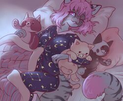  anthro bed clothing cuddling_plushie domestic_cat felid feline felis female fluffy fur furniture fynnley_(character) hair hi_res littlesis lying mammal markings mixed_breed on_back on_bed pajamas pillow pink_eyes pink_hair plushie savannah_cat smile smiling_at_viewer solo spots spotted_body spotted_fur striped_body striped_fur stripes 