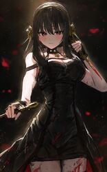  black_dress black_gloves black_hair blood blush breasts closed_mouth commentary dress female fingerless_gloves gloves highres holding holding_weapon long_hair looking_at_viewer medium_breasts pink_eyes sonchi spy_x_family two-sided_dress two-sided_fabric weapon yor_briar 