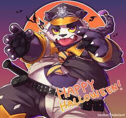  1boy absurdres alp_(housamo) animal_ears animal_nose bat_(animal) belly belt black_necktie braid braided_ponytail claws colored_sclera colored_tips commentary fangs fangs_out fingernails furry furry_male gradient_background happy_halloween hat highres long_hair looking_at_viewer male_focus moon multicolored_hair multicolored_necktie necktie official_alternate_costume orange_background orange_moon orange_necktie panda_boy panda_ears plump police police_hat police_uniform purple_background purple_eyes purple_fur purple_hair sharp_fingernails shirt simple_background solo studded_belt tokyo_afterschool_summoners tongue tongue_out twitter_username two-tone_fur uniform upper_body white_fur yed_(yedsilent) yellow_sclera 