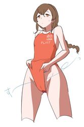  braid brown_hair clothes_pull clothes_writing competition_swimsuit cropped_legs crotch_pull female from_below kantai_collection long_hair one-piece_swimsuit one-piece_swimsuit_pull orange_eyes orange_one-piece_swimsuit simple_background single_braid solo souya_(kancolle) souya_agb_(kancolle) standing swimsuit tamu_(mad_works) two-tone_swimsuit white_background 