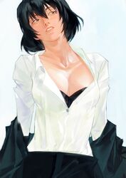  black_hair breasts brown_eyes chain_sumeragi cleavage collarbone commentary eyebrows_hidden_by_hair female head_tilt highres kajibaji kekkai_sensen large_breasts lips open_clothes open_shirt removing_jacket short_hair solo symbol-only_commentary 