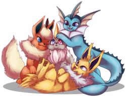  3_fingers 3_toes alpha_channel ambiguous_gender black_nose blue_body blue_eyes blue_skin clothing dorsal_fin dorsal_frill eevee eeveelution fangs feet feral fin fingers flareon frill_(anatomy) fur generation_1_pokemon group hat headgear headwear hi_res inner_ear_fluff jolteon murzikteijiro nintendo open_mouth party_hat pawpads paws pokemon pokemon_(species) purple_eyes red_body red_fur shiny_pokemon simple_background tail teeth toes tongue transparent_background tuft vaporeon white_body white_fur yellow_body yellow_fur 