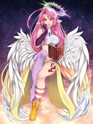  angel angel_wings animal_ears asymmetrical_legwear bird_ears book breasts colored_eyelashes commission crop_top cross english_commentary feathered_wings female gloves gradient_eyes gradient_hair halo highres holding holding_book jibril_(no_game_no_life) karousel large_breasts long_hair looking_at_viewer low_wings magic_circle midriff mismatched_legwear multicolored_eyes multicolored_hair no_game_no_life open_mouth orange_eyes pink_hair purple_legwear shoes sideboob single_shoe single_thighhigh solo spiked_halo symbol-shaped_pupils tattoo thighhighs white_wings wing_ears wings yellow_eyes 