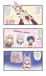  4girls animal_ears blue_hair blush cat_ears chest_jewel chirun0 english_text eunie_(xenoblade) head_wings highres mio_(xenoblade) multiple_girls nia_(blade)_(xenoblade) nia_(xenoblade) sena_(xenoblade) short_hair side_ponytail speech_bubble spoilers xenoblade_chronicles_(series) xenoblade_chronicles_2 xenoblade_chronicles_3 