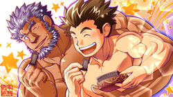  2boys bara beard blush box box_of_chocolates brown_hair bunta_ru chocolate closed_eyes commentary_request dark-skinned_male dark_skin facial_hair food happy highres holding holding_chocolate holding_food hug jewelry large_pectorals long_sideburns looking_at_another male_focus mature_male multiple_boys muscular muscular_male nekros_(f-kare) nude one_eye_closed open_mouth outline pectorals protagonist_(f-kare) purple_eyes purple_hair ring short_hair shoukan_yuusha_to_f-kei_kareshi sideburns signature smile sparkle star_(symbol) thick_eyebrows upper_body yaoi 