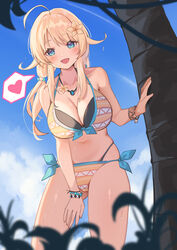  absurdres ahoge bikini blonde_hair blue_eyes blush bracelet breasts commentary etoile female flower hachimiya_meguru hair_flower hair_ornament heart highres idolmaster idolmaster_shiny_colors jewelry large_breasts long_hair looking_at_viewer low_twintails navel open_mouth outdoors palm_tree side-tie_bikini_bottom solo swimsuit tree twintails 