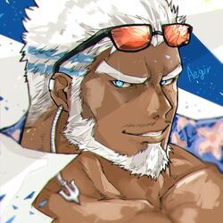  1boy aegir_(housamo) anchor_earrings aqua_hair bara beard blue_background blue_eyes character_name commentary_request dark-skinned_male dark_skin earrings eyewear_on_head facial_hair glowing glowing_eye grin hiraga0613 jewelry male_focus mature_male moustache multicolored_hair muscular muscular_male open_clothes open_shirt parted_lips portrait short_hair single_earring smile solo streaked_hair sunglasses thick_eyebrows tokyo_afterschool_summoners two-tone_background white_background white_hair 