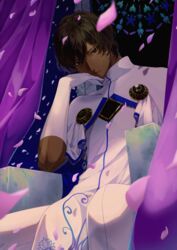  1boy absurdres arjuna_(fate) black_eyes black_hair brown_hair cape dark-skinned_male dark_skin detached_sleeves fate/grand_order fate_(series) feet_out_of_frame flower from_below fuka_(hk_nemo) gloves hair_between_eyes hand_on_own_chin head_rest high_collar highres light looking_at_viewer looking_down male_focus petals shadow short_hair sitting solo throne white_gloves 