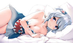  absurdres alternate_breast_size bed_sheet blue_dress blue_eyes blush breasts cleavage closed_mouth collarbone derivative_work dress fang_out female gawr_gura gawr_gura_(1st_costume) grey_hair guppy-sunstrider hair_ornament highres hololive hololive_english ke-ta_(style) large_breasts looking_at_viewer lying oerba_yun_fang on_bed on_side one_side_up panties pantyshot pillow short_dress short_hair simple_background smile solo strapless strapless_dress underwear virtual_youtuber white_background white_panties 