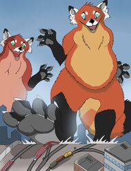  2019 4_fingers 4_toes ailurid anthro blue_eyes building day duo feet fingers green_eyes looking_at_another macro male mammal nude open_mouth overweight pawpads plantigrade rampage red_panda sky toes train train_junction vegabone vehicle walking 