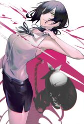  absurdres amirun bare_shoulders black_choker black_hair black_ribbon bomb bomb_devil_(chainsaw_man) breasts chainsaw_man choker collared_shirt explosive female green_eyes hair_between_eyes hair_bun highres looking_at_viewer medium_breasts medium_hair neck_ribbon reze_(chainsaw_man) ribbon shirt shorts single_hair_bun sleeveless smile solo white_background white_shirt 