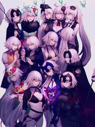  absurdres ahoge bikini bug butterfly chibi crepe fate/grand_order fate_(series) flower food fruit headpiece highres homurahara_academy_school_uniform ice_cream jeanne_d&#039;arc_alter_(fate) jeanne_d&#039;arc_alter_(festival_outfit)_(fate) jeanne_d&#039;arc_alter_(mystery_treasure)_(fate) jeanne_d&#039;arc_alter_(new_beginning)_(fate) jeanne_d&#039;arc_alter_(swimsuit_berserker)_(fate) jeanne_d&#039;arc_alter_(ver._shinjuku_1999)_(fate) katana multiple_girls nail_polish official_alternate_costume roro_982 school_uniform selfie_stick short_hair strawberry swimsuit sword weapon white_hair yellow_eyes 