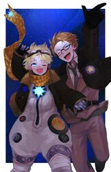  2boys ;d america_(hetalia) arm_up axis_powers_hetalia baggy_clothes belt blonde_hair blue_eyes bomber_jacket bright_pupils crossover fate/grand_order fate/requiem fate_(series) flag_print glasses gloves glowing goggles goggles_on_head highres jacket long_sleeves looking_at_viewer male_focus multiple_boys necktie one_eye_closed open_mouth pants parted_bangs scarf shirakami07 short_hair sky smile space spacesuit star_(sky) star_(symbol) starry_background starry_sky voyager_(fate) voyager_(third_ascension)_(fate) yellow_scarf 