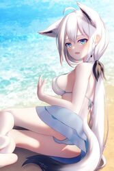  ahoge animal_ear_fluff animal_ears azur_lane beach bikini bikini_skirt black_bow blue_bikini blush bow braid breasts commentary_request day earrings extra_ears female fox_ears fox_girl fox_tail green_eyes hair_between_eyes hairbow highres hololive jewelry long_hair looking_at_viewer lying medium_breasts ocean oerba_yun_fang official_alternate_costume on_side open_mouth outdoors pentagram shirai_yu shirakami_fubuki shirakami_fubuki_(beachside_fox) sidelocks single_braid skin_fang solo swimsuit tail very_long_hair virtual_youtuber white_hair 