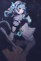  alternate_costume asymmetrical_hair axe blood blood_on_weapon blue_eyes blue_hair blue_necktie breasts commentary female floating full_body glowing golden_axe_(weapon) hair_between_eyes hand_on_own_chest helmet highres holding holding_axe hololive hoshimachi_suisei light_blue_hair looking_at_viewer medium_hair necktie open_mouth oshiruko_(oshiruco_212048) side_ponytail sky small_breasts smile solo space space_helmet spacesuit star_(sky) star_(symbol) star_in_eye starry_sky symbol_in_eye virtual_youtuber weapon 