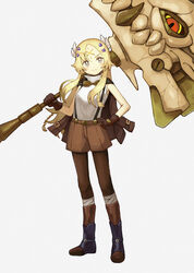  blonde_hair boots duel_monster ecclesia_(yu-gi-oh!) facial_mark female forehead_mark gloves goggles goggles_around_neck grey_eyes hand_on_own_hip horns incredible_ecclesia_the_virtuous ishii_(young-moon) jacket jacket_on_shoulders long_hair over_shoulder pantyhose shorts smile suspender_shorts suspenders war_hammer weapon weapon_over_shoulder yu-gi-oh! 