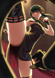  absurdres black_dress black_gloves black_hair black_thighhighs breasts closed_mouth commentary dagger dress dual_wielding earrings female fingerless_gloves floating_hair flower gloves gold_earrings gold_hairband hair_flower hair_ornament hairband highres holding holding_dagger holding_knife holding_weapon incoming_attack incoming_kick jewelry kicking knife leg_up legs long_hair looking_at_viewer medium_breasts pov pov_hands red_eyes red_lips rose short_hair_with_long_locks sidelocks solo_focus spikes spy_x_family standing standing_on_one_leg thighhighs thighs two-sided_dress two-sided_fabric weapon yanagino_(yanagino3) yor_briar 