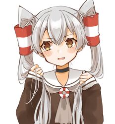  alternate_hairstyle amatsukaze_(kancolle) brown_dress brown_eyes brown_neckerchief cocoperino commentary_request dress female grey_hair hair_tubes kantai_collection long_hair neckerchief oerba_yun_fang sailor_collar sailor_dress sideways_glance simple_background skin_fang sleeves_past_wrists solo upper_body white_background white_sailor_collar 