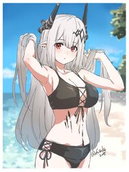  alt_text alternate_costume arknights armpits beach bikini black_bikini blush breasts cleavage commentary commentary_request cowboy_shot cross-laced_bikini cross-laced_clothes day demon_horns ear_piercing expressionless female fuusuke_(fusuke208) grey_hair hair_between_eyes hair_ornament hands_in_hair highres horns long_hair looking_at_viewer material_growth medium_breasts mudrock_(arknights) mudrock_(silent_night)_(arknights) navel ocean oripathy_lesion_(arknights) outdoors parted_lips partial_commentary piercing pointy_ears red_eyes side-tie_bikini_bottom solo standing stomach swimsuit twitter_username 