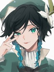  1boy aqua_hair bad_id bad_twitter_id beret bishounen black_hair braid cape flower genshin_impact green_cape green_eyes green_hat grey_background hat hat_flower highres long_sleeves male_focus multicolored_hair portrait simple_background solo tongue twin_braids ueauwa v v_over_eye venti_(genshin_impact) white_flower 