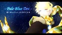  1boy alternate_costume baggy_clothes blonde_hair blue_eyes bright_pupils english_text fate/grand_order fate/requiem fate_(series) from_side glowing light_smile looking_to_the_side male_focus parted_bangs puca_puka scarf short_hair sky smile solo space spacesuit star_(sky) star_(symbol) starry_background starry_sky upper_body voyager_(fate) voyager_(third_ascension)_(fate) yellow_scarf 