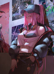  baseball_cap black_bra black_jacket black_pants bra breasts capsule_(hololive) cleavage commentary crop_top female fishnet_top fishnets hand_in_own_hair hat headphones headphones_around_neck highres hololive hololive_english jacket jewelry large_breasts long_hair midriff mori_calliope mori_calliope_(streetwear) navel off-shoulder_shirt off_shoulder pants pink_eyes pink_hair pink_nails ponytail poster_(object) profile revil0l ring shirt solo underwear very_long_hair virtual_youtuber 