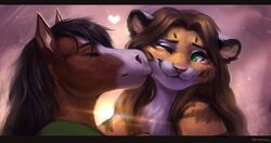  2020 alex_marx anthro brown_hair chest_tuft closed_eyes clydesdale countershading cute_fangs digital_media_(artwork) draft_horse duo equid equine facial_markings fangs felid female fur green_eyes hair head_markings heart_symbol horse keumano kissing_cheek looking_at_another male male/female mammal markings orange_body orange_fur pantherine sabertooth_(anatomy) smile story story_at_source striped_body striped_fur stripes tashi_gibson teeth tiger tuft 